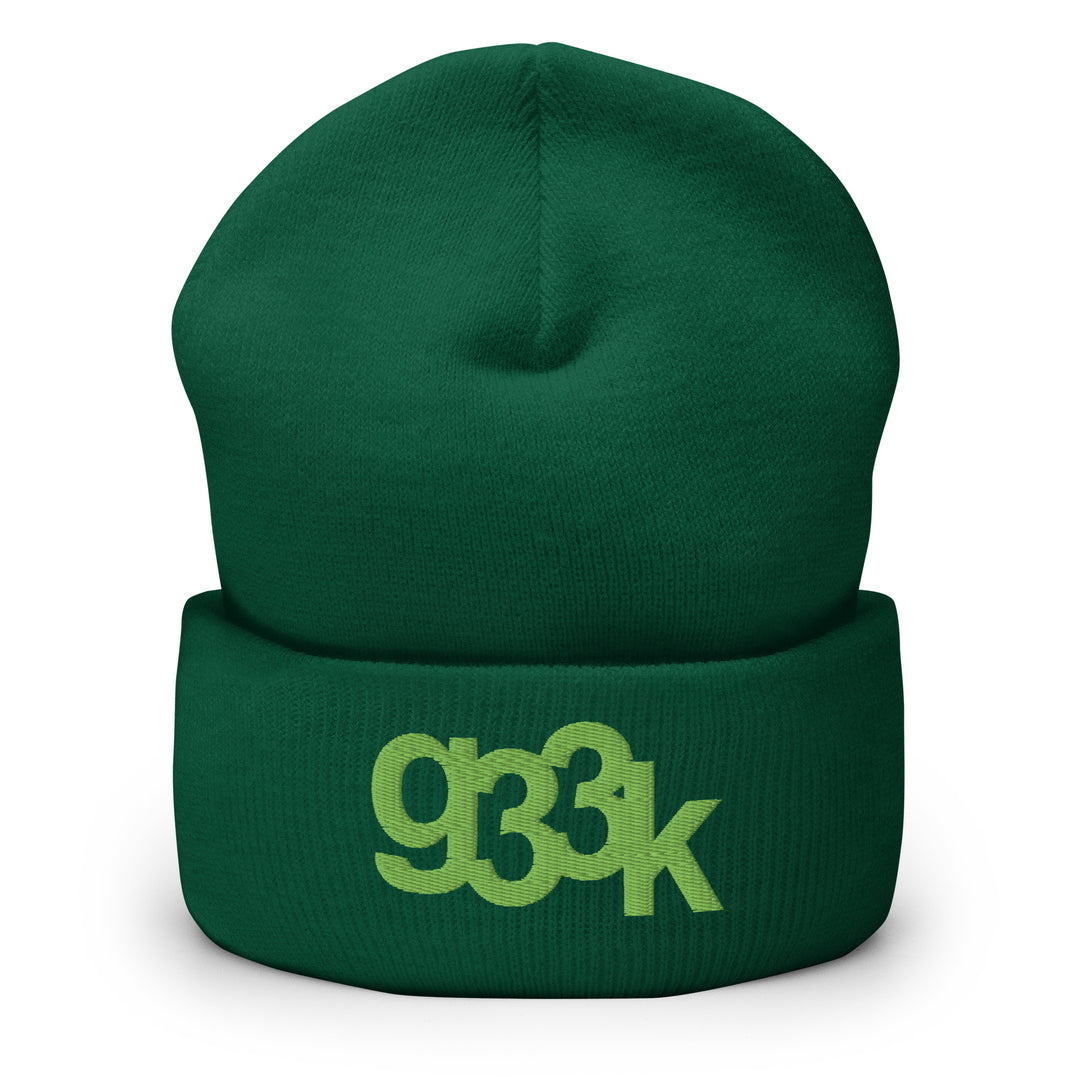 Green cuffed beanie with embroidered g33k leetspeak design