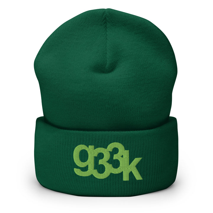Green cuffed beanie with embroidered g33k leetspeak design