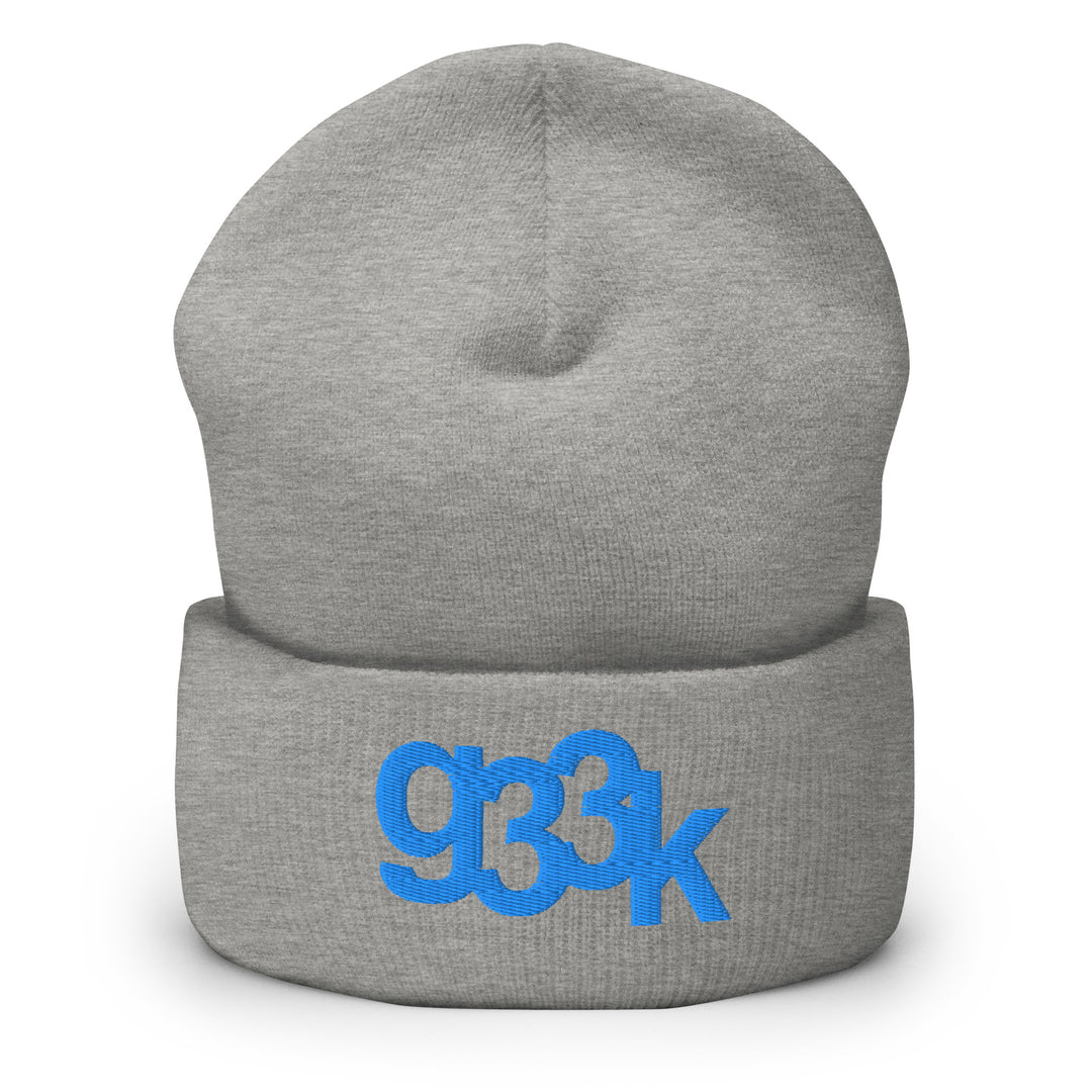 Heather grey cuffed beanie with embroidered g33k leetspeak design