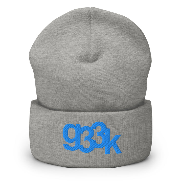 Heather grey cuffed beanie with embroidered g33k leetspeak design