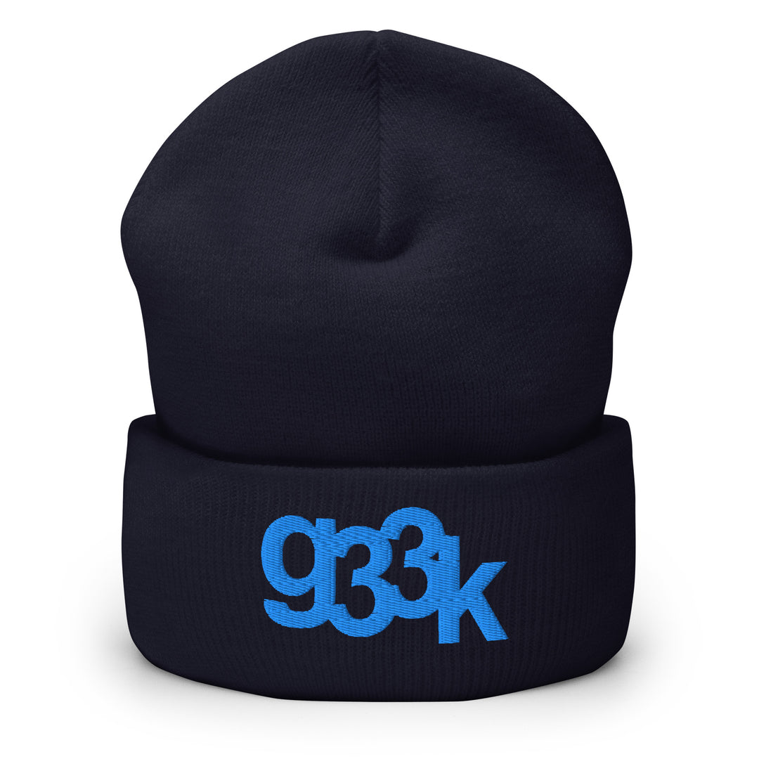 Navy cuffed beanie with subtle embroidered g33k leetspeak lettering