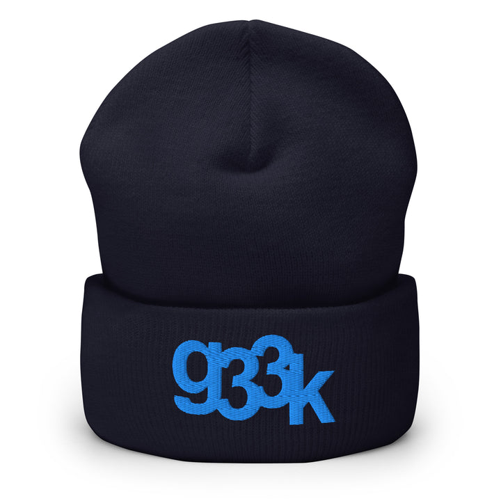 Navy cuffed beanie with subtle embroidered g33k leetspeak lettering
