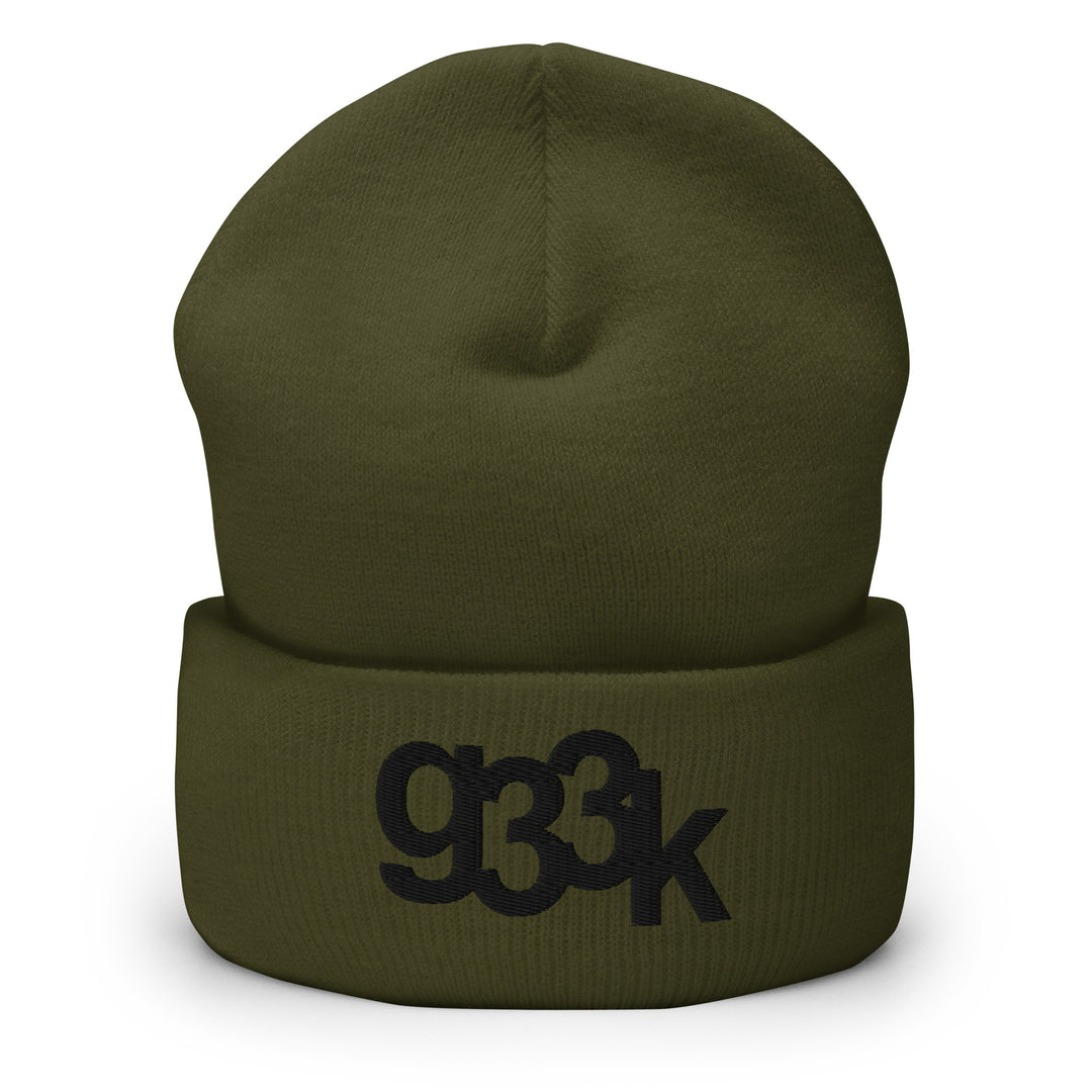 Olive green cuffed beanie with minimalist embroidered g33k leetspeak text
