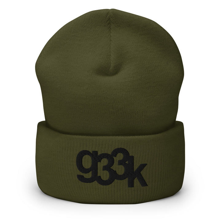 Olive green cuffed beanie with minimalist embroidered g33k leetspeak text