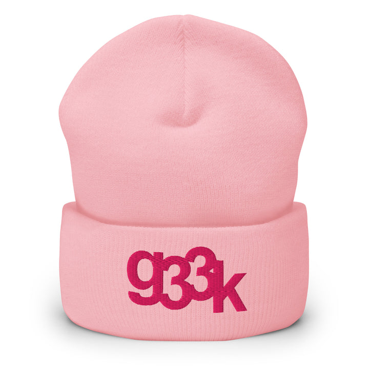 Pink cuffed beanie featuring embroidered g33k leetspeak text
