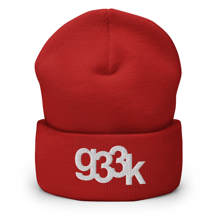 Red cuffed beanie with embroidered g33k leetspeak lettering on front