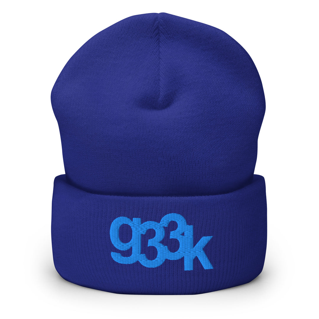 Royal blue cuffed beanie with embroidered g33k leetspeak design on front