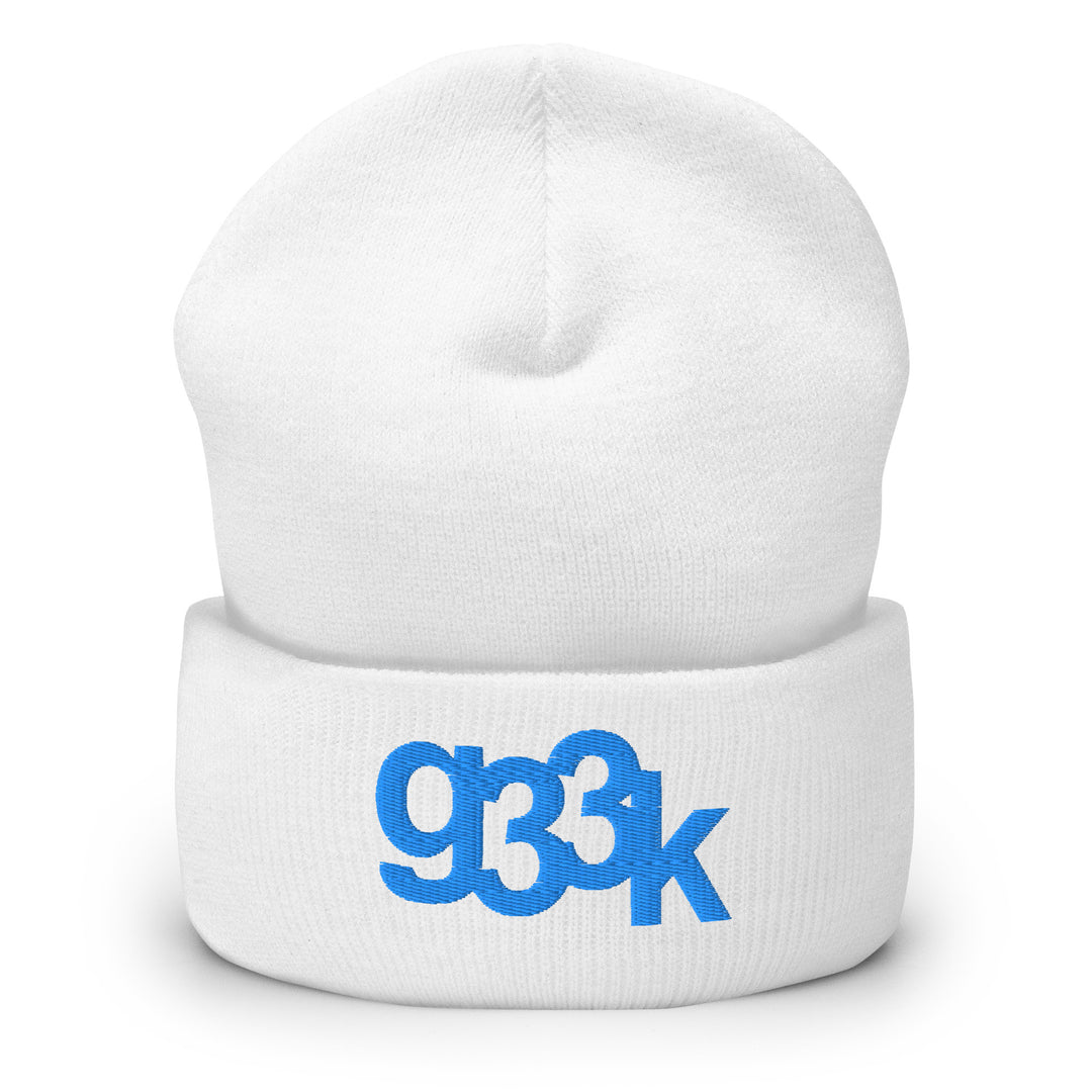 White cuffed beanie featuring clean embroidered g33k leetspeak lettering