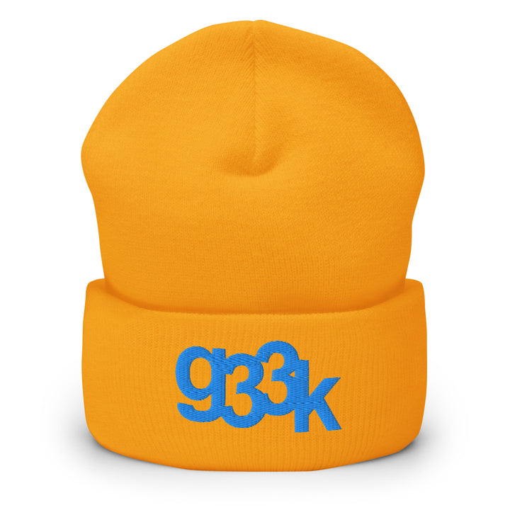 Yellow cuffed beanie with bold embroidered g33k leetspeak text