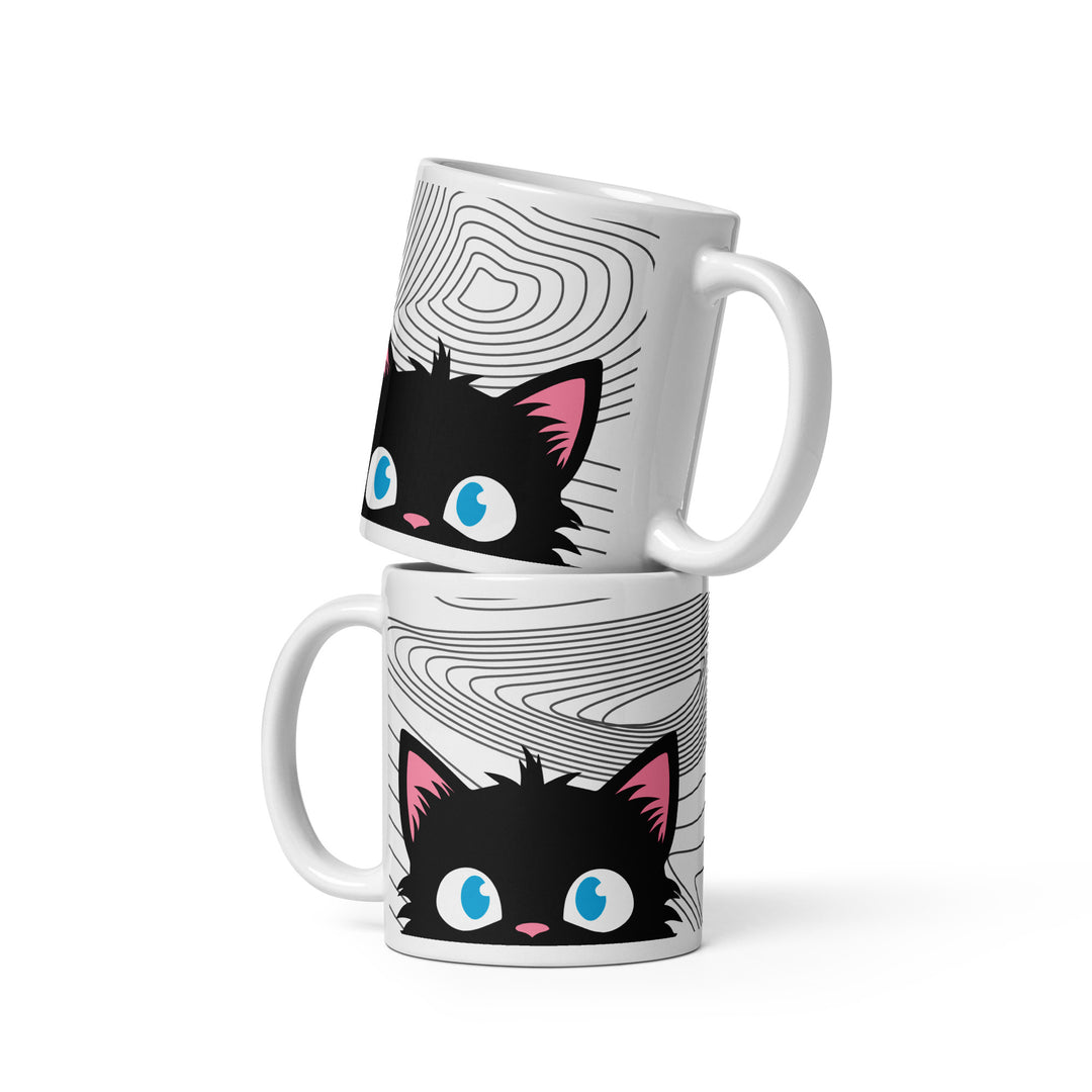Stacked lifestyle mockup showing both sides of the Keep It Geek Peeking Personalities Black Cat “Alert” 11 oz mug, featuring an alert black cat peeking over the edge on a white ceramic mug with gray topographic contour line artwork.