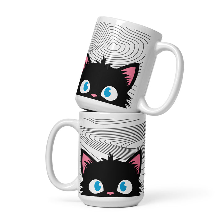 Stacked lifestyle mockup showing both sides of the Keep It Geek Peeking Personalities Black Cat “Alert” 15 oz mug, with a wide-eyed alert black cat illustration against a flowing gray contour line background on a white ceramic mug.