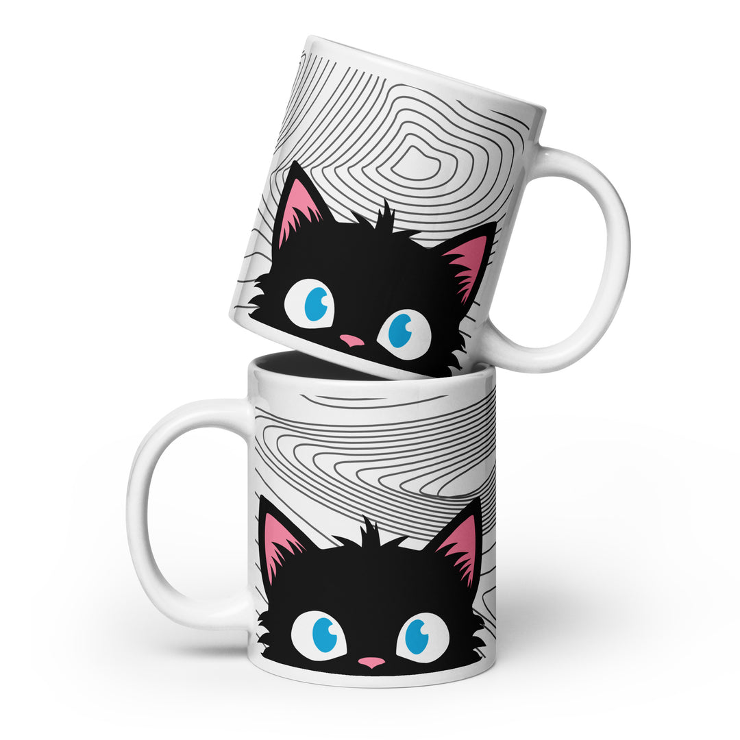 Stacked lifestyle mockup showing both sides of the Keep It Geek Peeking Personalities Black Cat “Alert” 20 oz mug, featuring a black cat peeking attentively over the rim on a large white ceramic mug with layered gray topographic line patterns.