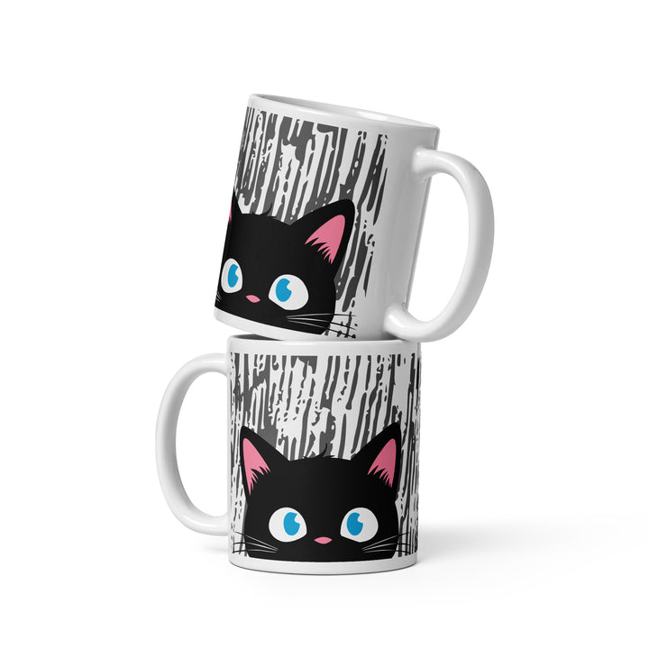Stacked lifestyle mockup showing both sides of the Keep It Geek Peeking Personalities Black Cat “Curious” 11 oz mug, featuring a wide-eyed black cat peeking over the edge on a white ceramic mug with a gray vertical streak pattern.