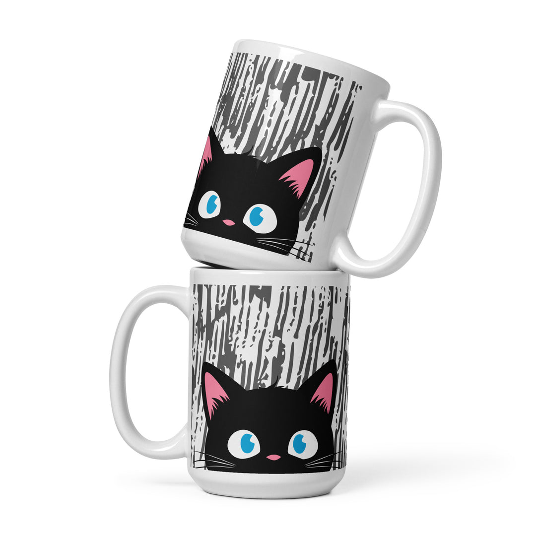 Stacked lifestyle mockup showing both sides of the Keep It Geek Peeking Personalities Black Cat “Curious” 15 oz mug, with a curious black cat illustration peeking forward against a layered gray vertical scratch-style background.