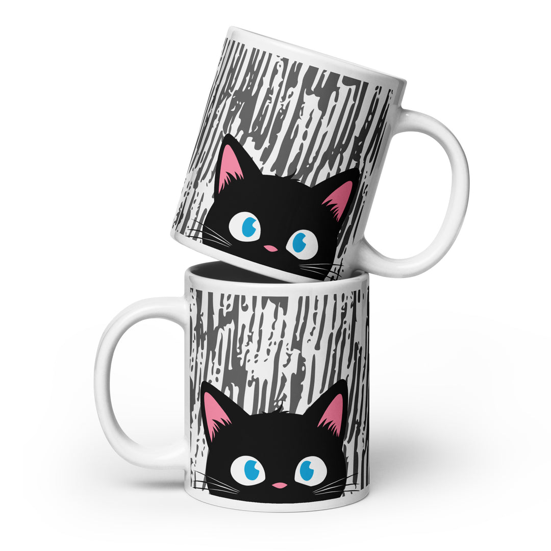 Stacked lifestyle mockup showing both sides of the Keep It Geek Peeking Personalities Black Cat “Curious” 20 oz mug, featuring a black cat peeking inquisitively over the rim on a large white ceramic mug with a textured gray vertical line pattern.