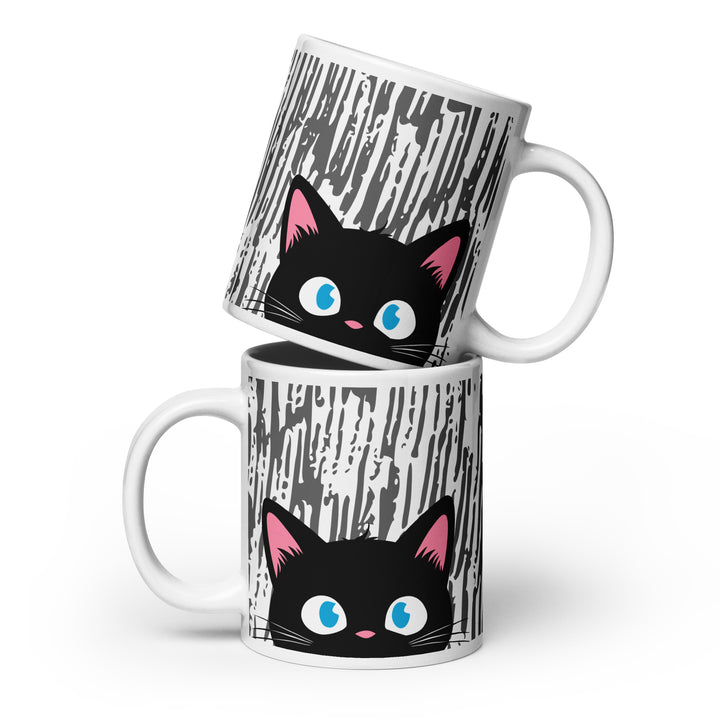 Stacked lifestyle mockup showing both sides of the Keep It Geek Peeking Personalities Black Cat “Curious” 20 oz mug, featuring a black cat peeking inquisitively over the rim on a large white ceramic mug with a textured gray vertical line pattern.