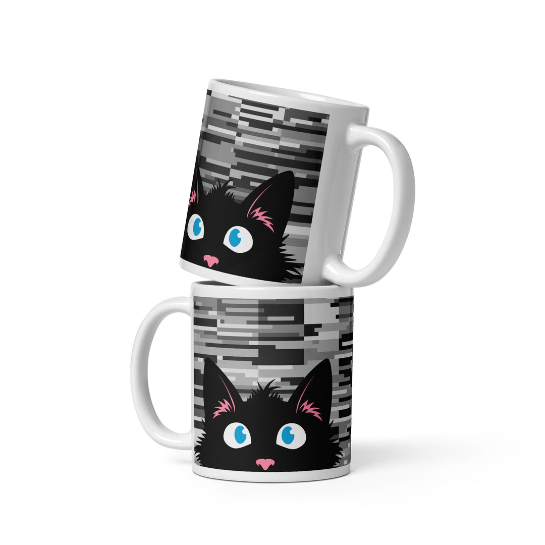 Stacked lifestyle mockup showing both sides of the Keep It Geek Peeking Personalities Black Cat “Frazzled” 11 oz mug, featuring a wide-eyed black cat peeking over the edge on a white ceramic mug with a gray pixelated glitch-style background.