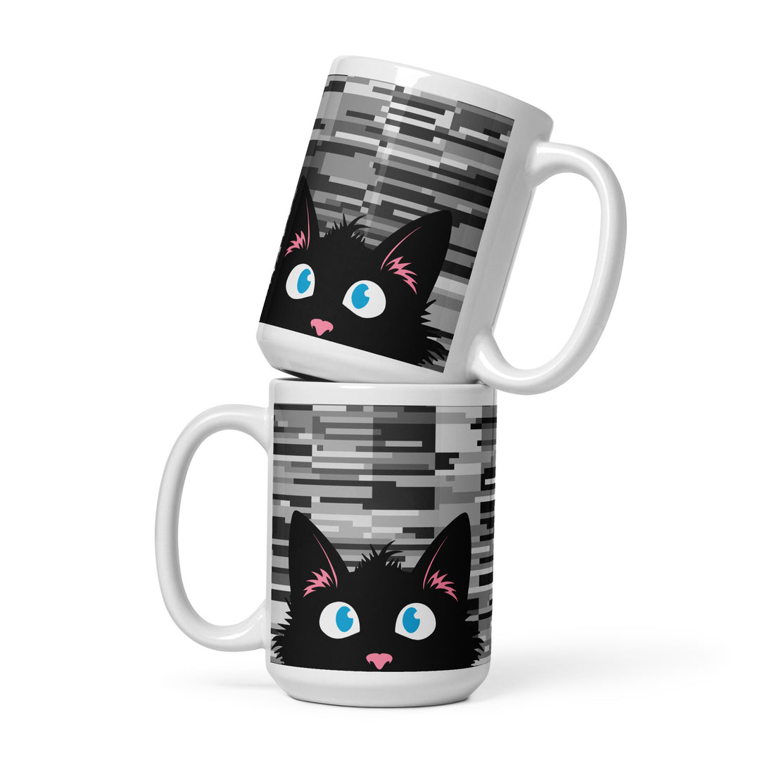 Stacked lifestyle mockup showing both sides of the Keep It Geek Peeking Personalities Black Cat “Frazzled” 15 oz mug, with a frazzled black cat illustration peeking forward against layered gray pixel bars on a white ceramic mug.