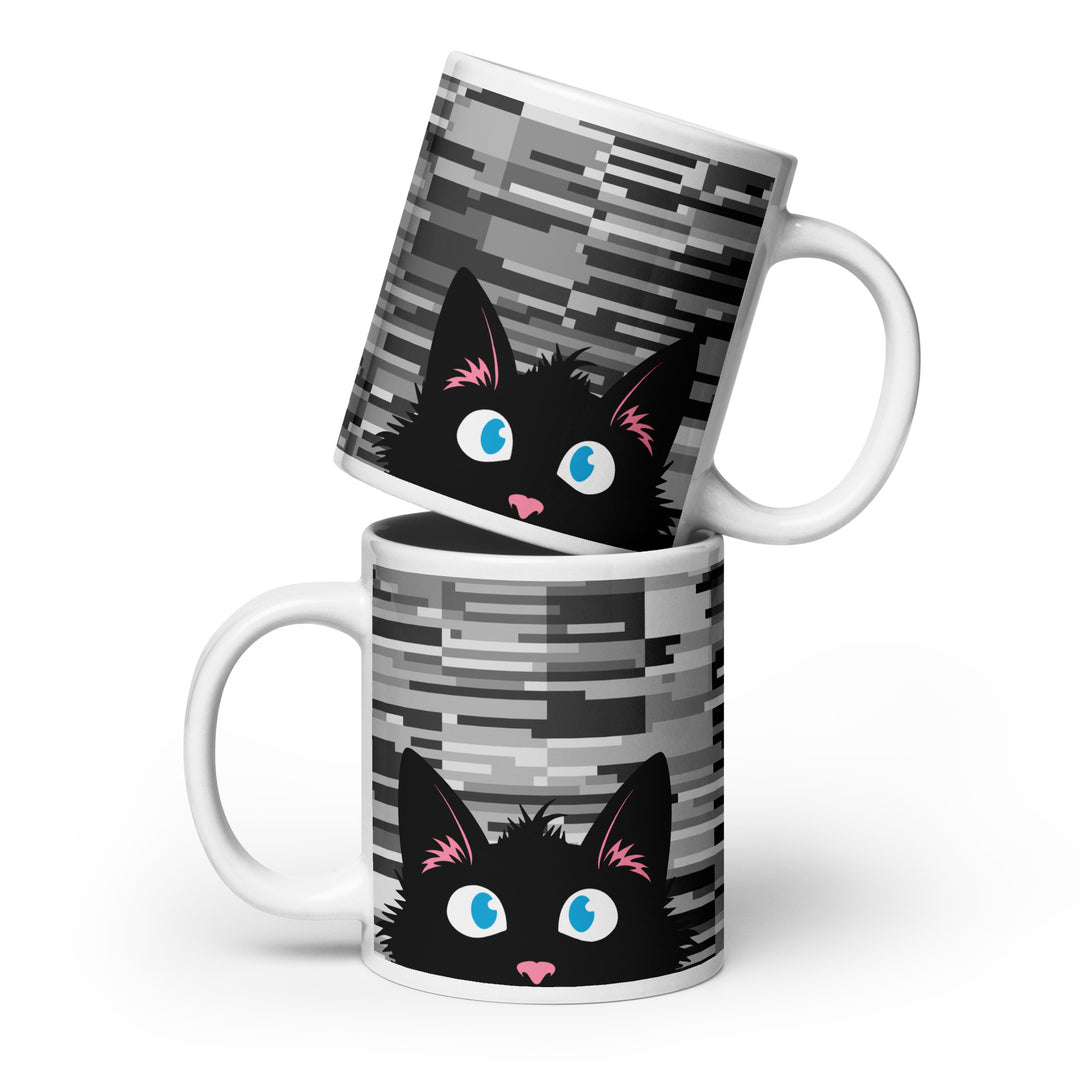 Stacked lifestyle mockup showing both sides of the Keep It Geek Peeking Personalities Black Cat “Frazzled” 20 oz mug, featuring a startled black cat peeking over the rim on a large white ceramic mug with a high-contrast gray glitch pattern.