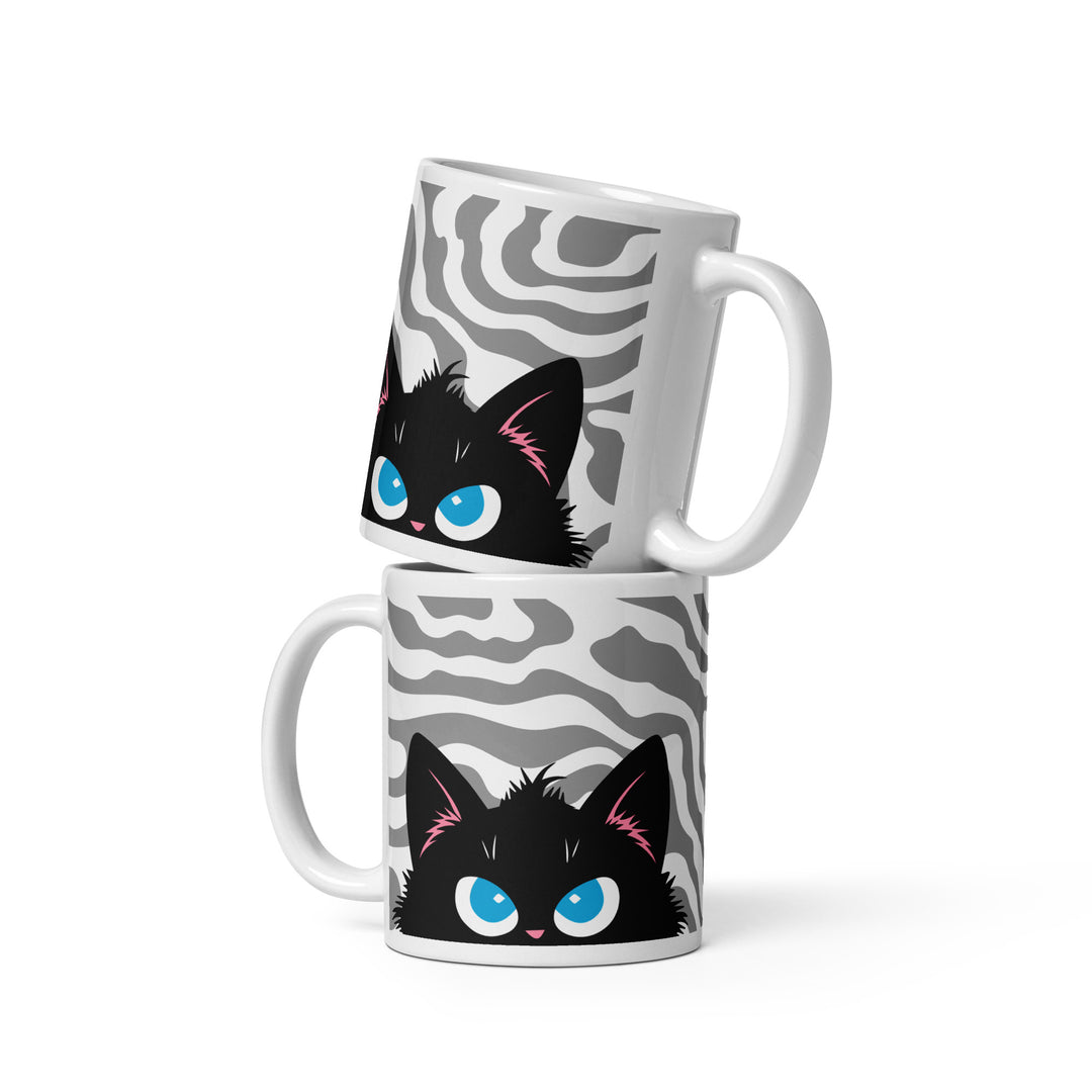 Stacked lifestyle mockup of the Keep It Geek Peeking Personalities Black Cat “Plotting” mug, showing both sides of an 11 oz white ceramic mug with precise gray contour lines and a plotting black cat peeking slyly.