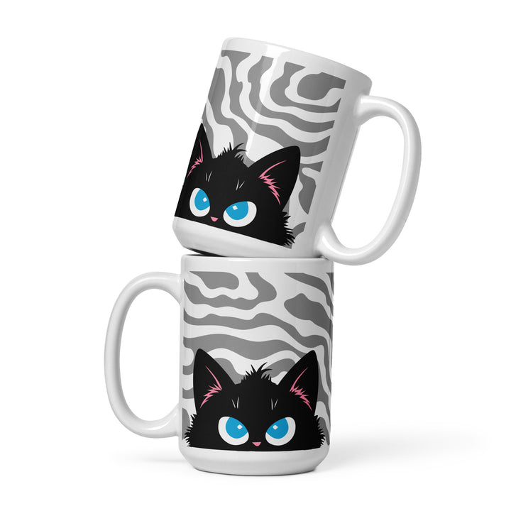 Stacked lifestyle mockup of the Keep It Geek Peeking Personalities Black Cat “Plotting” mug, showing both sides of a 15 oz white ceramic mug with clean gray waves and a mischievous plotting black cat.