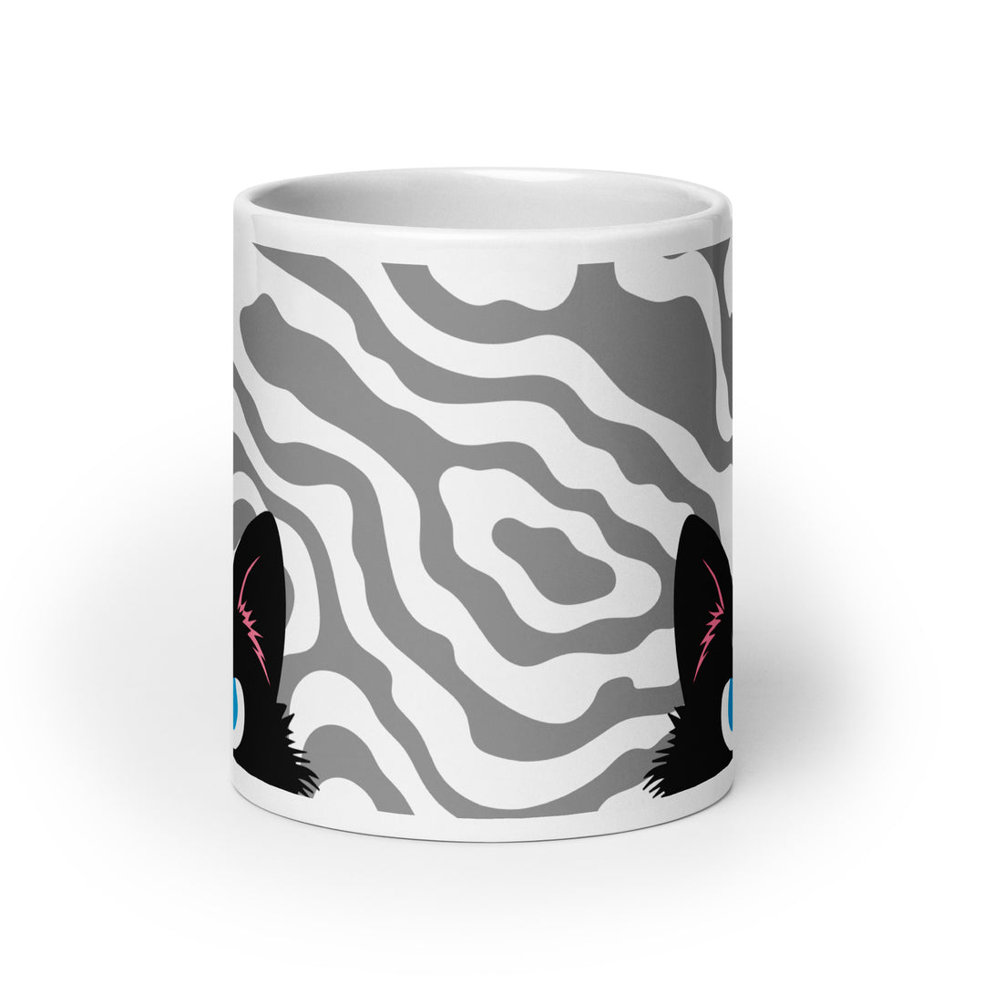 Front view of the Keep It Geek Peeking Personalities Black Cat “Plotting” mug, showing a white ceramic mug wrapped in a gray flowing wavy pattern with a black cat peeking subtly from the sides, suggesting a clever, scheming expression.