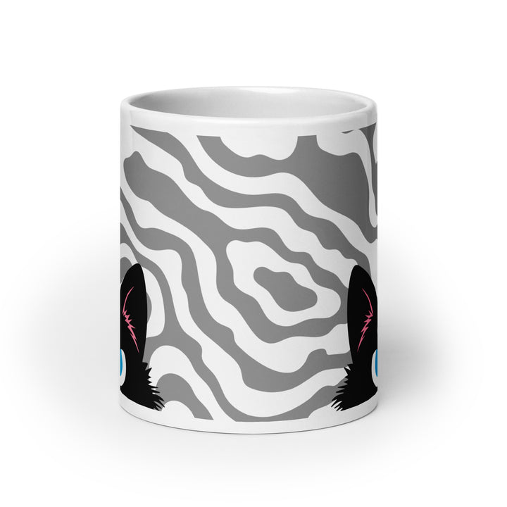 Front view of the Keep It Geek Peeking Personalities Black Cat “Plotting” mug, showing a white ceramic mug wrapped in a gray flowing wavy pattern with a black cat peeking subtly from the sides, suggesting a clever, scheming expression.