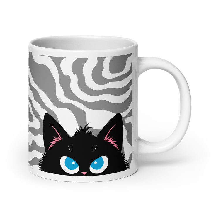 Left side view of the Keep It Geek Peeking Personalities Black Cat “Plotting” mug, showing a white ceramic mug with flowing gray wavy pattern artwork and a black cat peeking subtly from the side, conveying a clever, scheming expression.