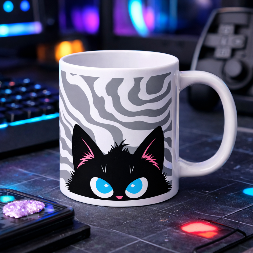 Lifestyle mockup of the Keep It Geek Peeking Personalities Black Cat “Plotting” mug, shown on a dark geek desk setup with colorful ambient lighting, featuring a white ceramic mug with flowing gray wavy patterns and a scheming black cat peeking over the edge.