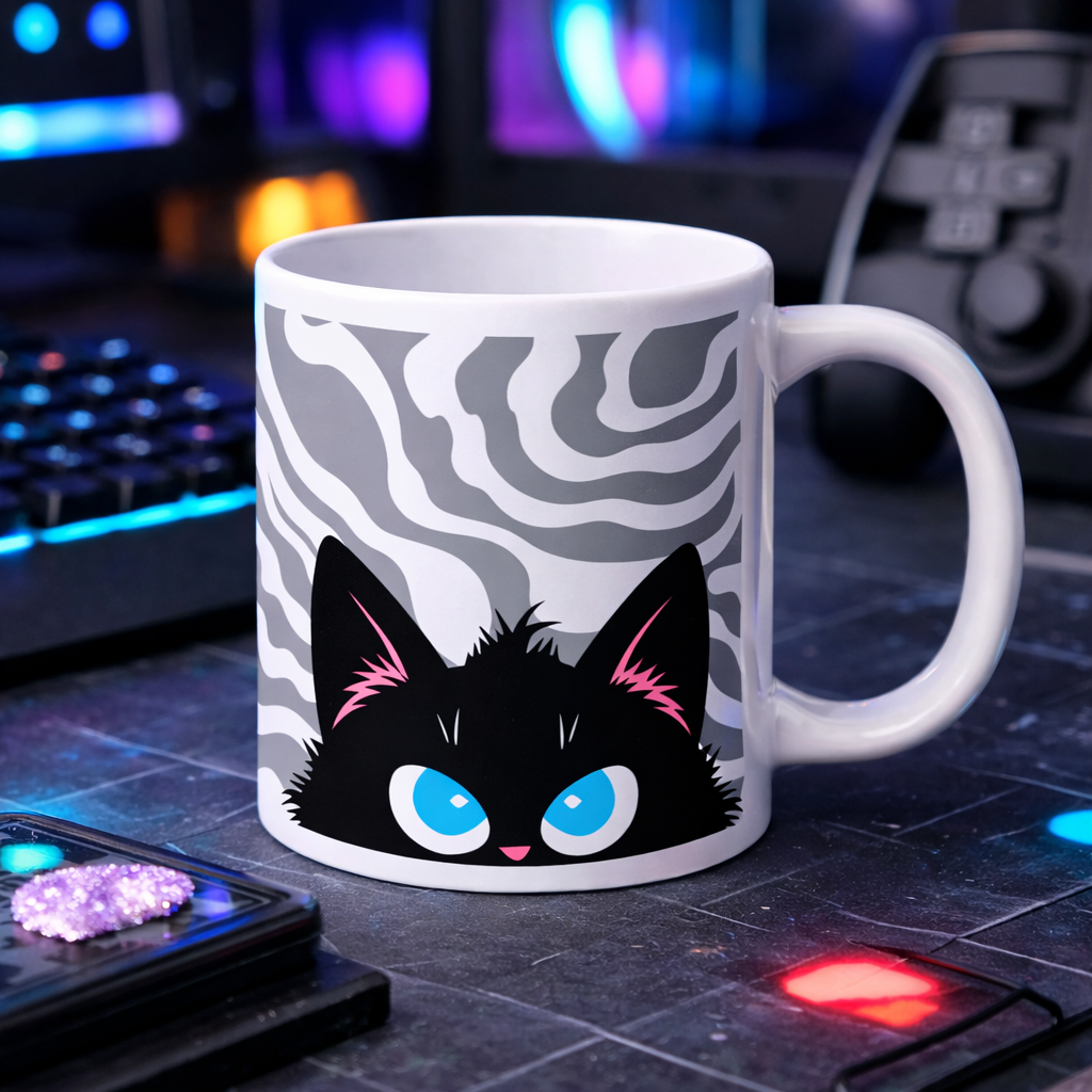 Lifestyle mockup of the Keep It Geek Peeking Personalities Black Cat “Plotting” mug, shown on a dark geek desk setup with colorful ambient lighting, featuring a white ceramic mug with flowing gray wavy patterns and a scheming black cat peeking over the edge.