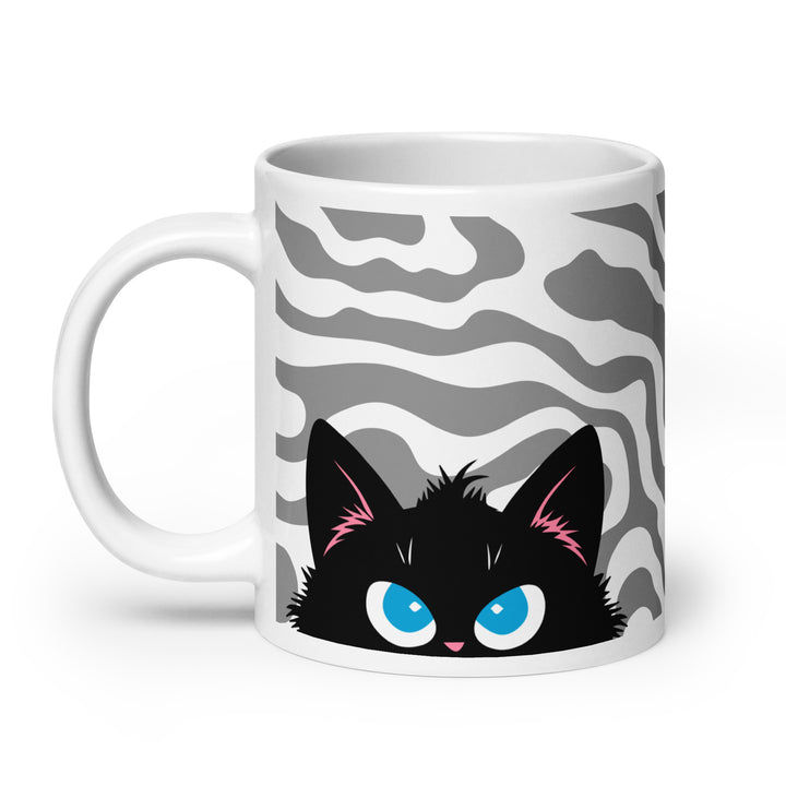 Right side view of the Keep It Geek Peeking Personalities Black Cat “Plotting” mug, showing a white ceramic mug with flowing gray wavy pattern artwork and a black cat peeking forward with a focused, scheming expression.