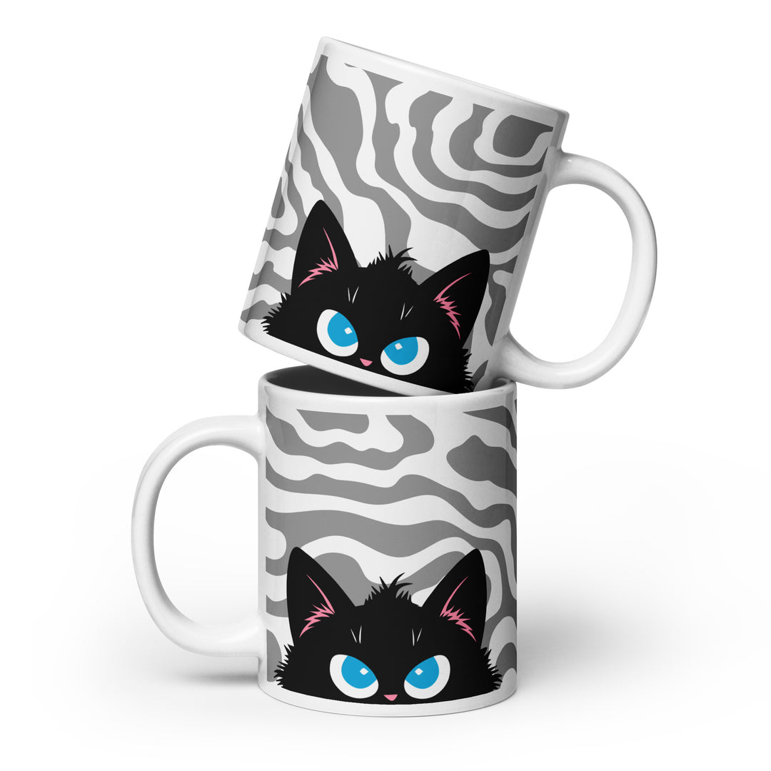 Stacked lifestyle mockup of the Keep It Geek Peeking Personalities Black Cat “Plotting” mug, showing both sides of a 20 oz white ceramic mug with high-contrast gray line art and a plotting black cat design.