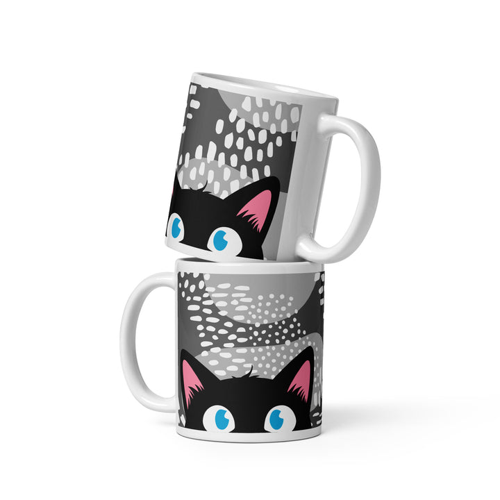 Stacked lifestyle mockup showing both sides of the Keep It Geek Peeking Personalities Black Cat “Timid” 11 oz mug, featuring a shy black cat peeking over the edge on a white ceramic mug with a soft gray dotted pattern background.