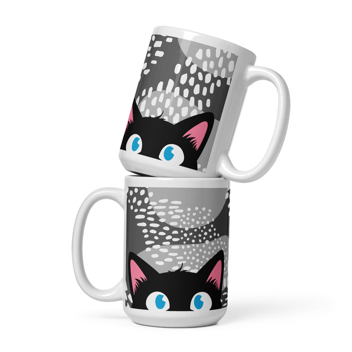 Stacked lifestyle mockup showing both sides of the Keep It Geek Peeking Personalities Black Cat “Timid” 15 oz mug, with a timid black cat illustration peeking forward against a layered gray dotted background on a white ceramic mug.