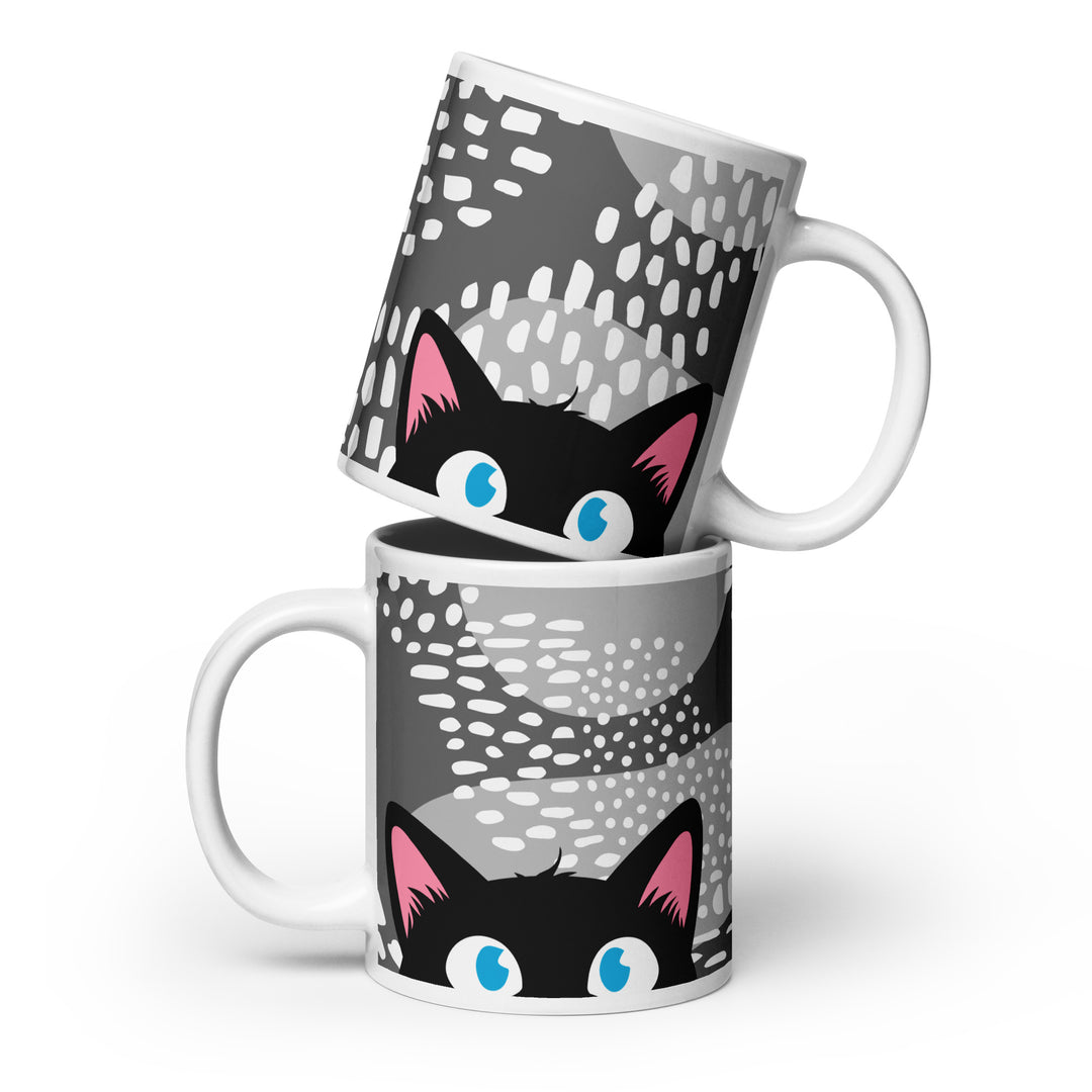 Stacked lifestyle mockup showing both sides of the Keep It Geek Peeking Personalities Black Cat “Timid” 20 oz mug, featuring a shy black cat peeking over the rim on a large white ceramic mug with a textured gray dotted pattern.