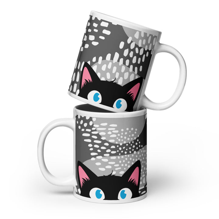 Stacked lifestyle mockup showing both sides of the Keep It Geek Peeking Personalities Black Cat “Timid” 20 oz mug, featuring a shy black cat peeking over the rim on a large white ceramic mug with a textured gray dotted pattern.