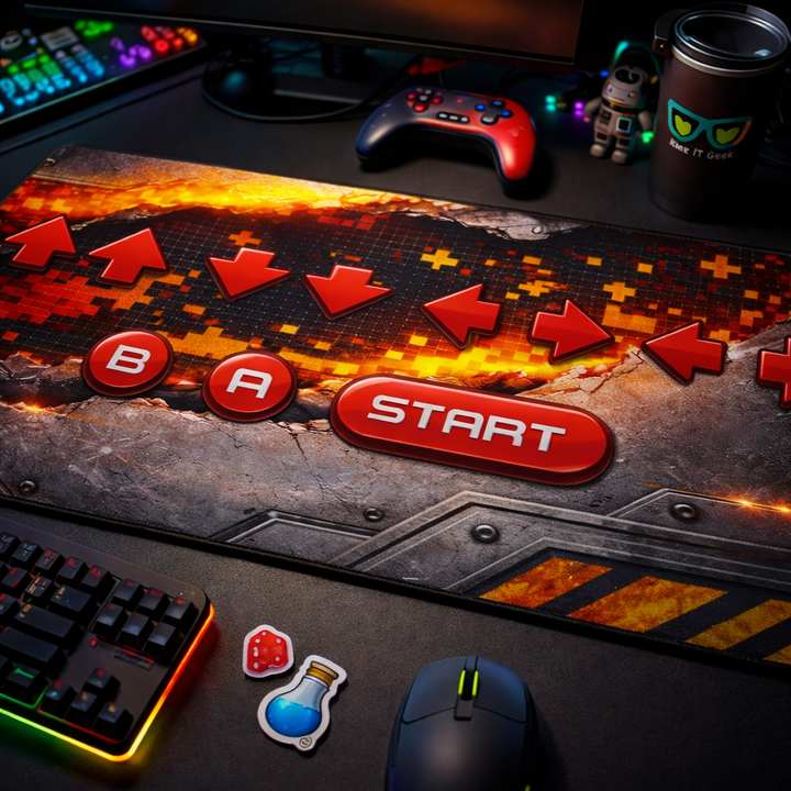 Square lifestyle mockup of the Retro Cheat Code desk mat on a gaming desk, featuring red arcade-style directional buttons and B, A, and START icons over an industrial, pixel-inspired background.