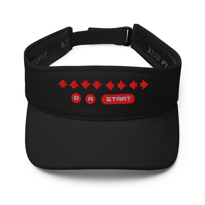 Retro Cheat Code Embroidered Visor in black, front view, featuring a low-profile visor with red embroidered arrow sequence and classic button icons.