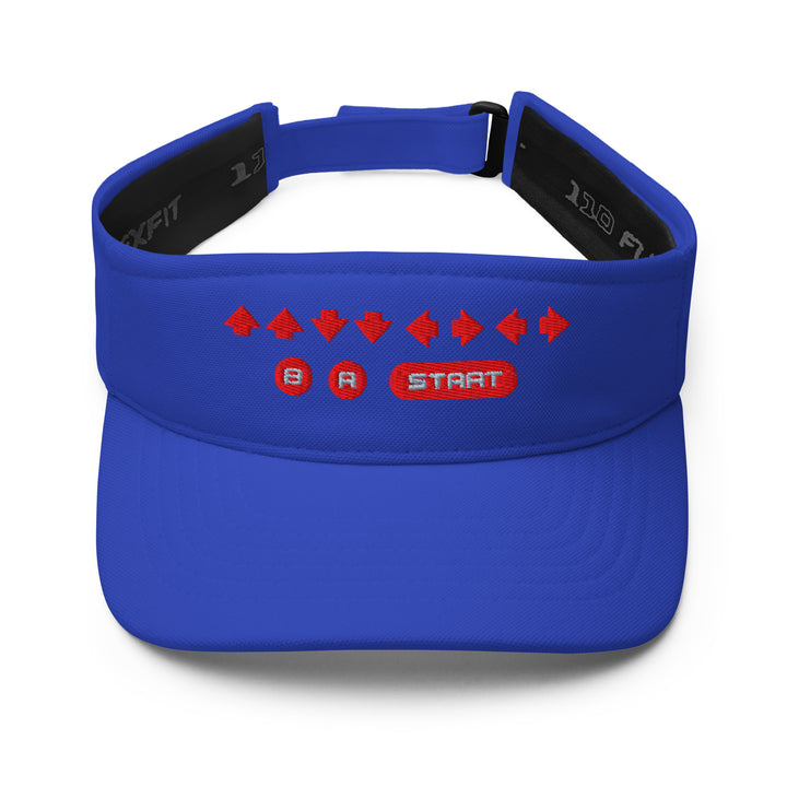 Retro Cheat Code Embroidered Visor in blue, front view, featuring a low-profile visor with contrasting embroidered arrow sequence and classic button icons.