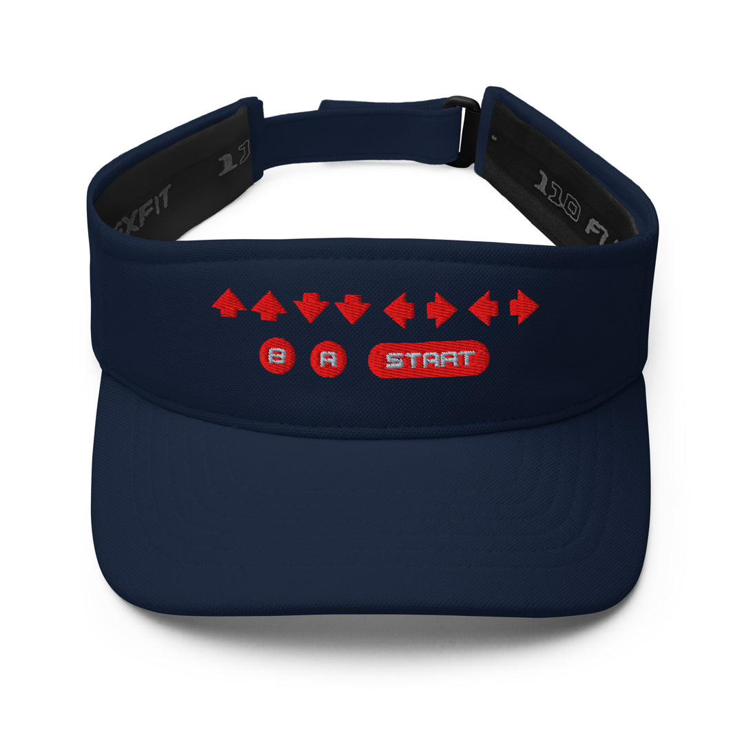 Retro Cheat Code Embroidered Visor in navy, front view, featuring a low-profile visor with red embroidered arrow sequence and classic button icons.