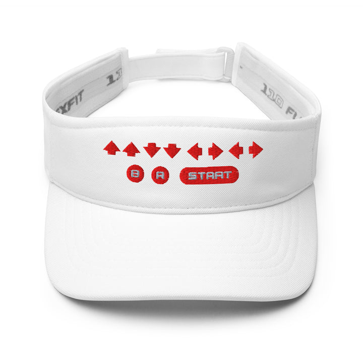 Retro Cheat Code Embroidered Visor in white, front view, featuring a low-profile visor with red embroidered arrow sequence and classic button icons.
