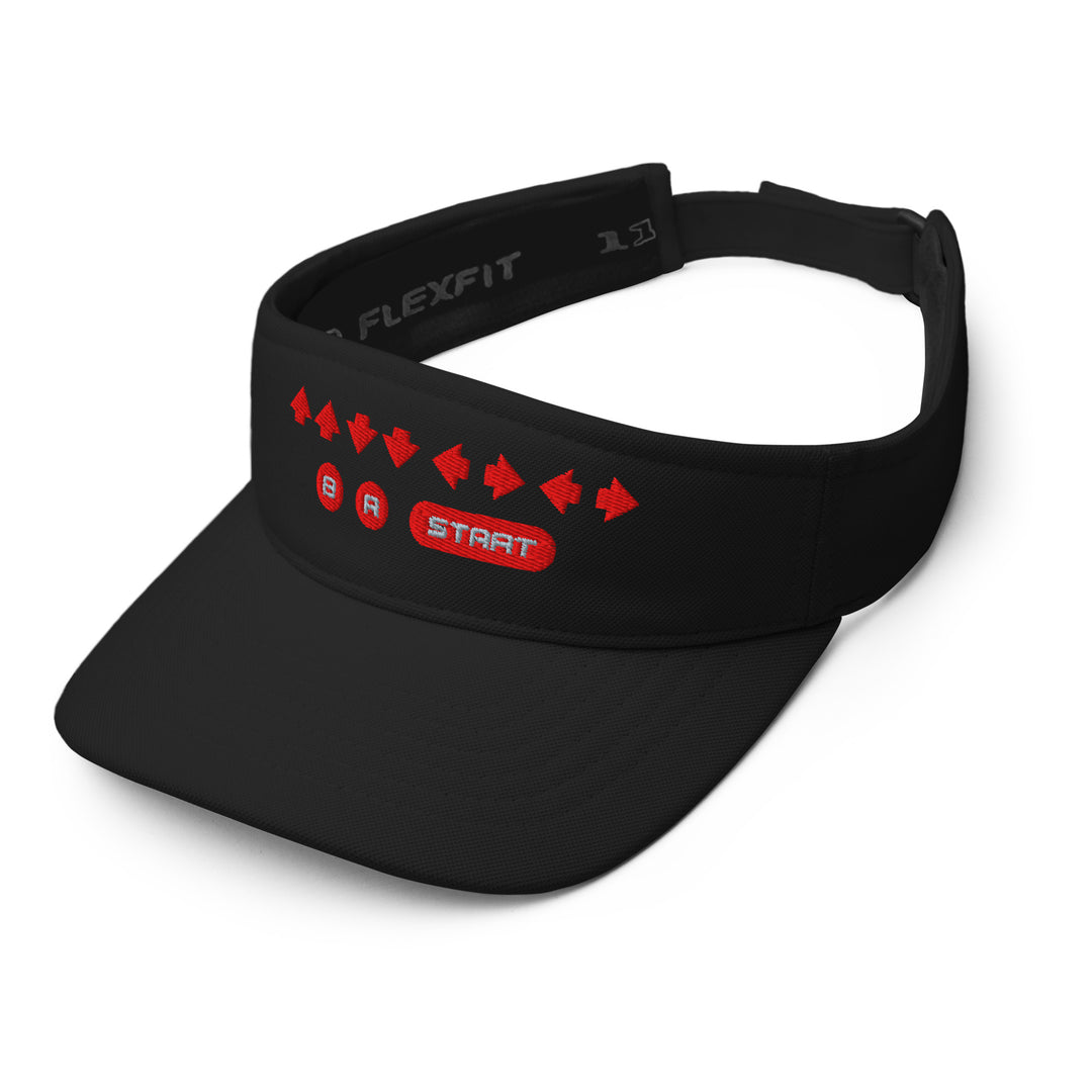 Retro Cheat Code Embroidered Visor in black shown from a left front angle, featuring a low-profile visor with red embroidered arrow sequence and button icons.