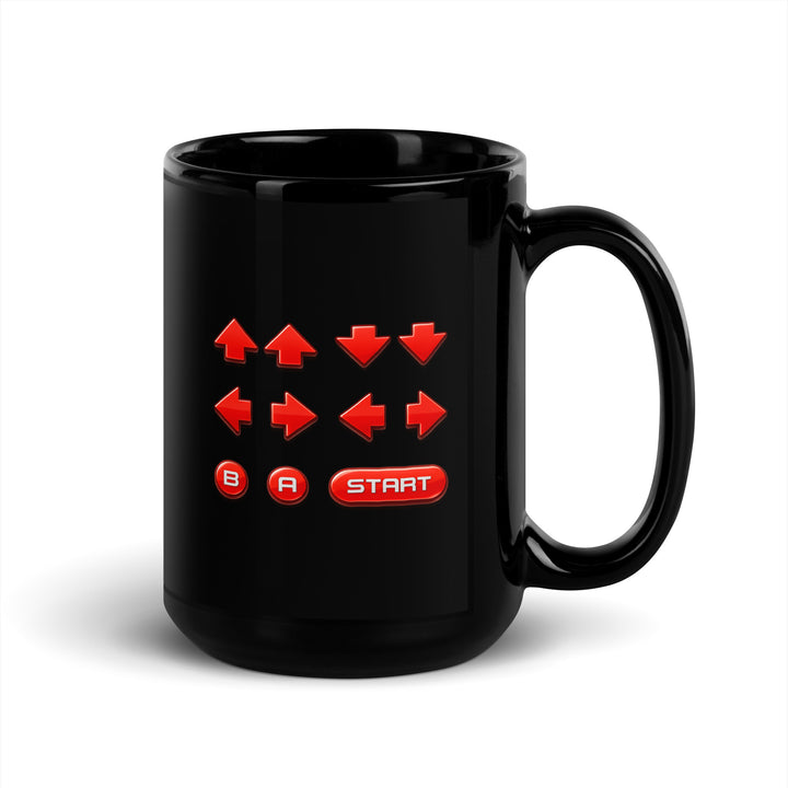 Left-side view of an 15 oz black ceramic mug featuring a retro cheat code button sequence with red directional arrows, B and A buttons, and a Start button.