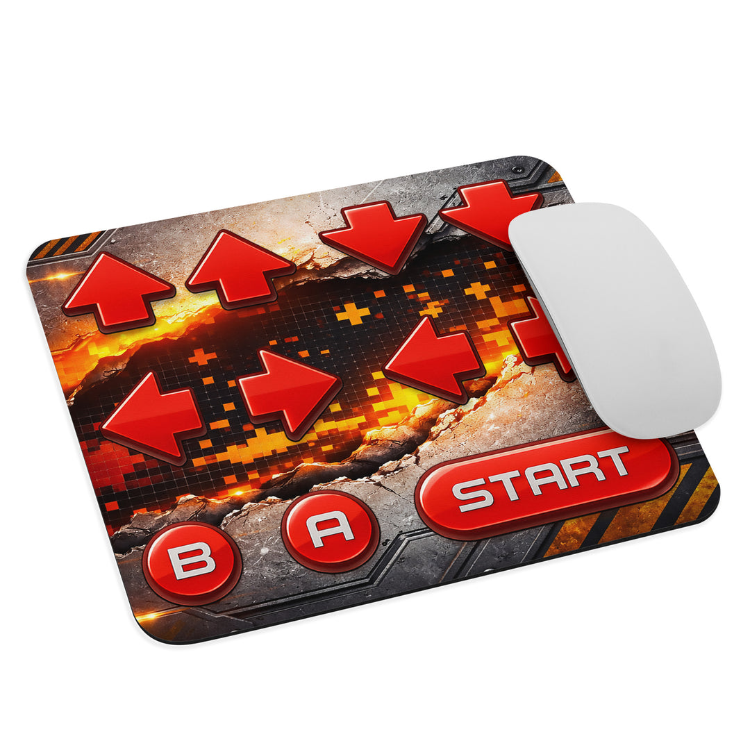 Angled product mockup of the Retro Cheat Code mouse pad with a white computer mouse, showing red directional buttons, B and A buttons, and a Start button on an industrial cracked metal background with molten pixel accents.