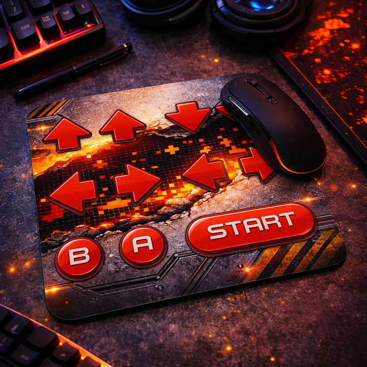 Square lifestyle mockup of the Retro Cheat Code mouse pad on a gamer desk, featuring red directional buttons, B and A buttons, and a Start button over an industrial cracked metal design with molten pixel accents.
