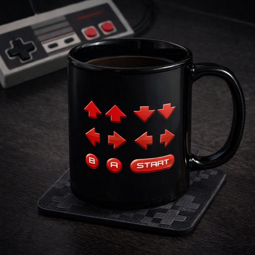 Square lifestyle mockup of the Retro Cheat Code mug on a gaming desk, featuring red directional buttons with B, A, and Start icons on a black ceramic mug, paired with a retro-style controller and a subtle pixel-pattern coaster.