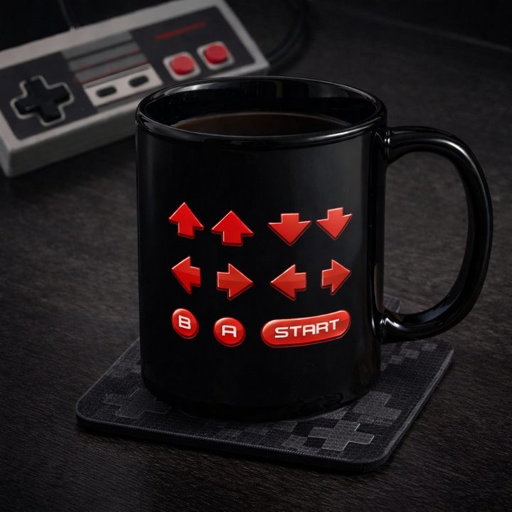Square lifestyle mockup of the Retro Cheat Code mug on a gaming desk, featuring red directional buttons with B, A, and Start icons on a black ceramic mug, paired with a retro-style controller and a subtle pixel-pattern coaster.