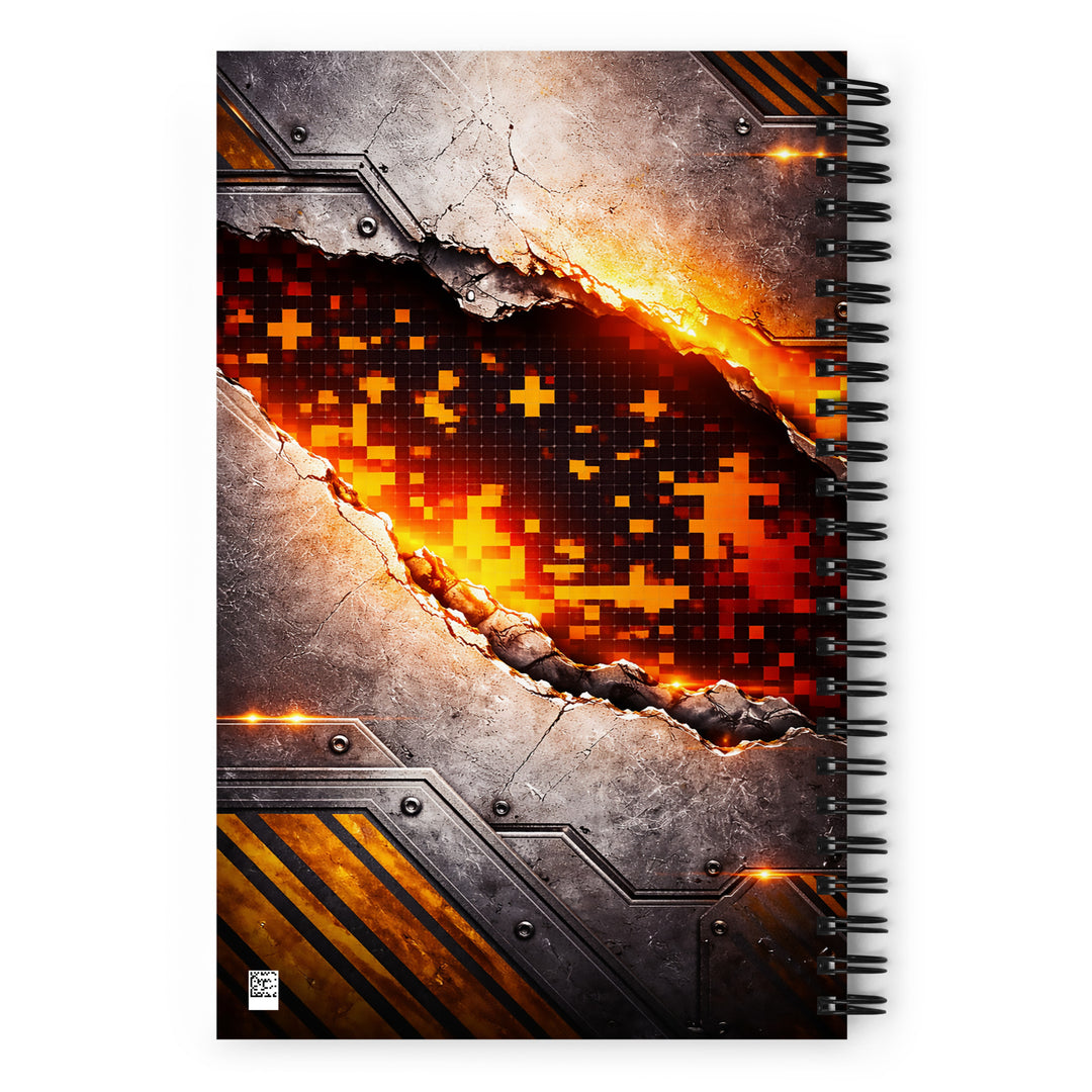 Back cover of a spiral notebook with an industrial cracked steel design revealing molten orange pixel patterns beneath, without text or buttons.