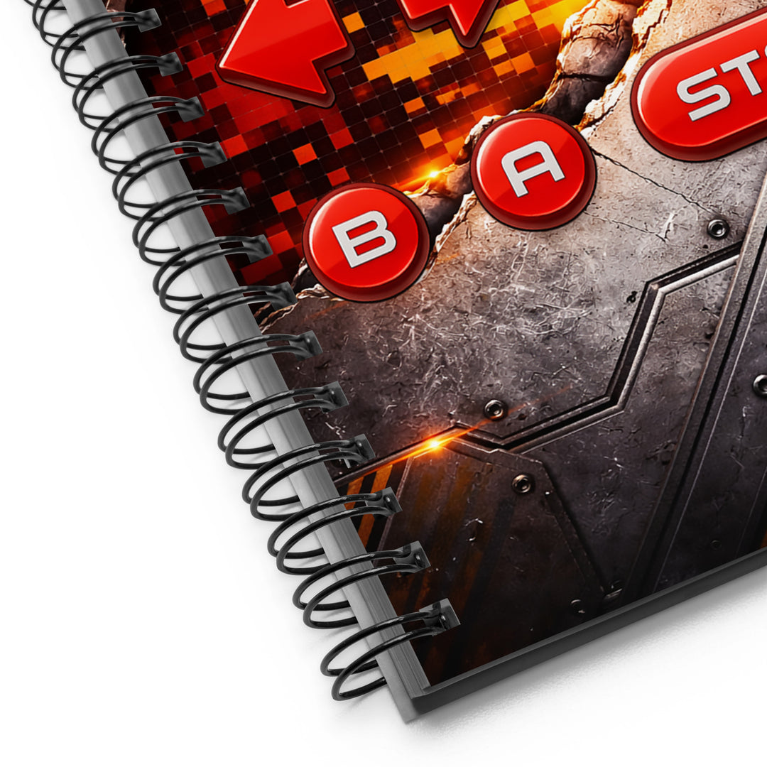 Close-up detail of a spiral notebook showing black metal wire-o binding and a textured industrial cover with red button-style graphics.