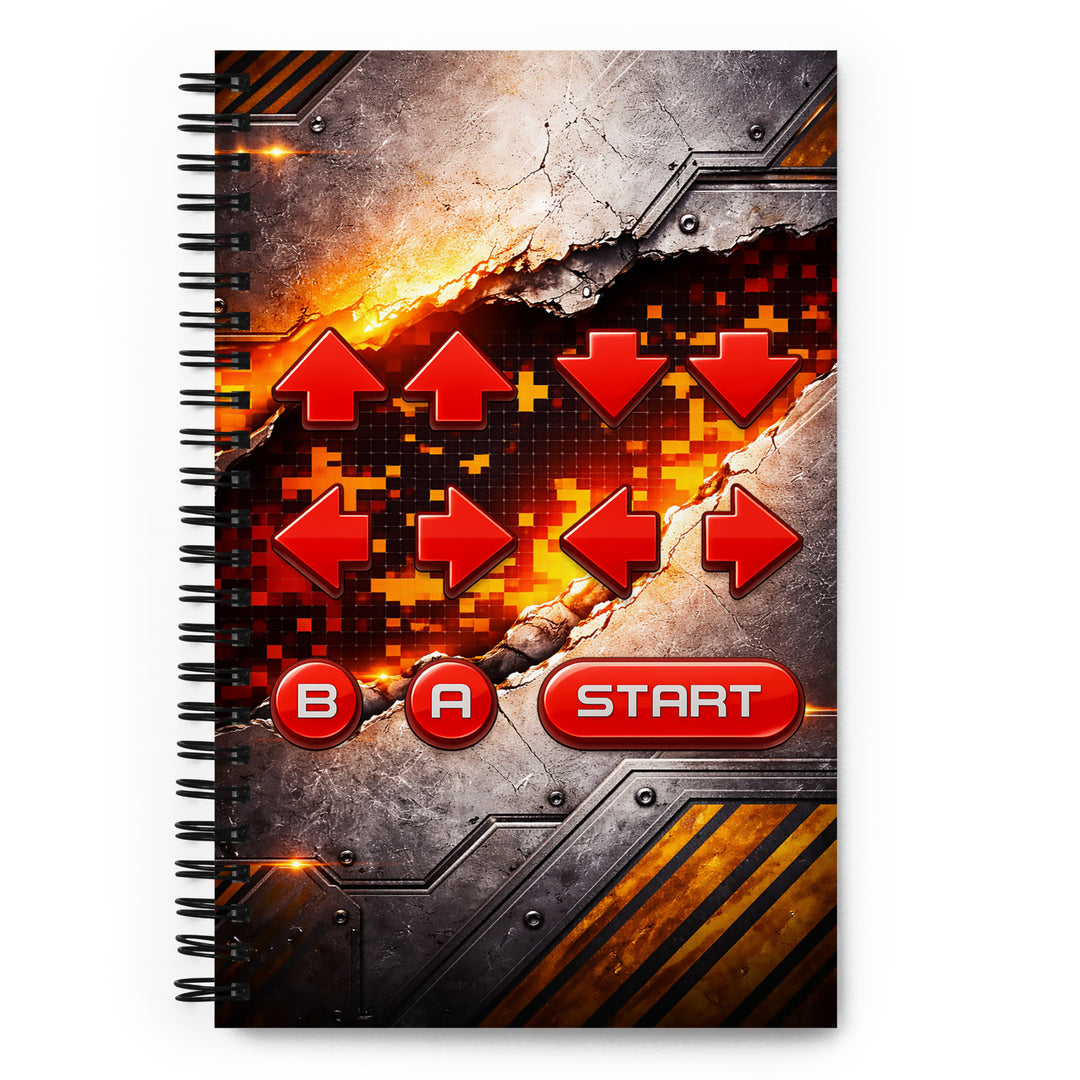 Spiral notebook featuring a retro cheat code button sequence with red directional arrows, B, A, and Start buttons over an industrial cracked steel design with molten pixel accents.